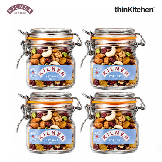 Kilner Premium 250ml Airtight Leakproof Square Glass Jar Set of 4 with Clip Top Lid or Spices, Sauces, Chutneys, Baby Food, Honey, Ghee | Kitchen Storage Reusable BPA Free Glass Container