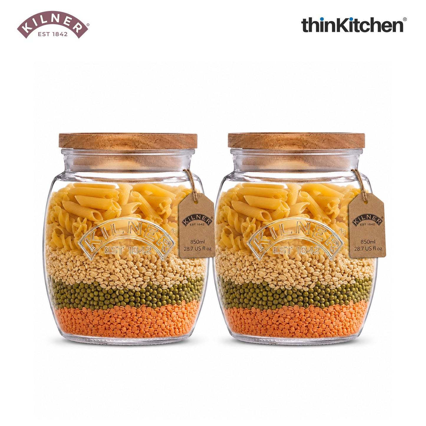 Kilner Premium Universal Airtight Glass Jar Set of 2 with Wooden Lid - 850ml | BPA Free, Reusable Kitchen Food Container for Dry Food, Grains, Pasta, Cereals, Pulses