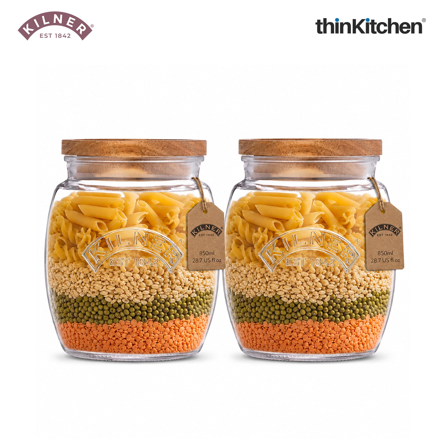 Kilner Premium Universal Airtight Glass Jar Set of 2 with Wooden Lid - 850ml | BPA Free, Reusable Kitchen Food Container for Dry Food, Grains, Pasta, Cereals, Pulses - 1