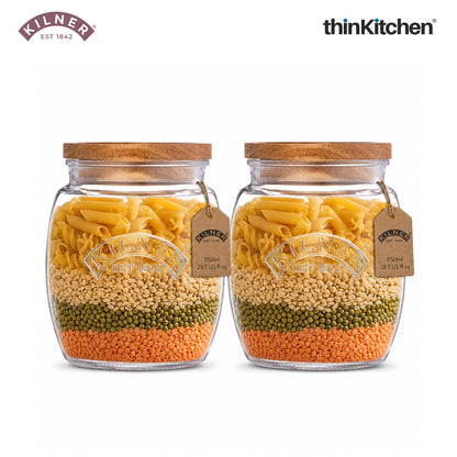 Kilner Premium Universal Airtight Glass Jar Set of 2 with Wooden Lid - 850ml | BPA Free, Reusable Kitchen Food Container for Dry Food, Grains, Pasta, Cereals, Pulses