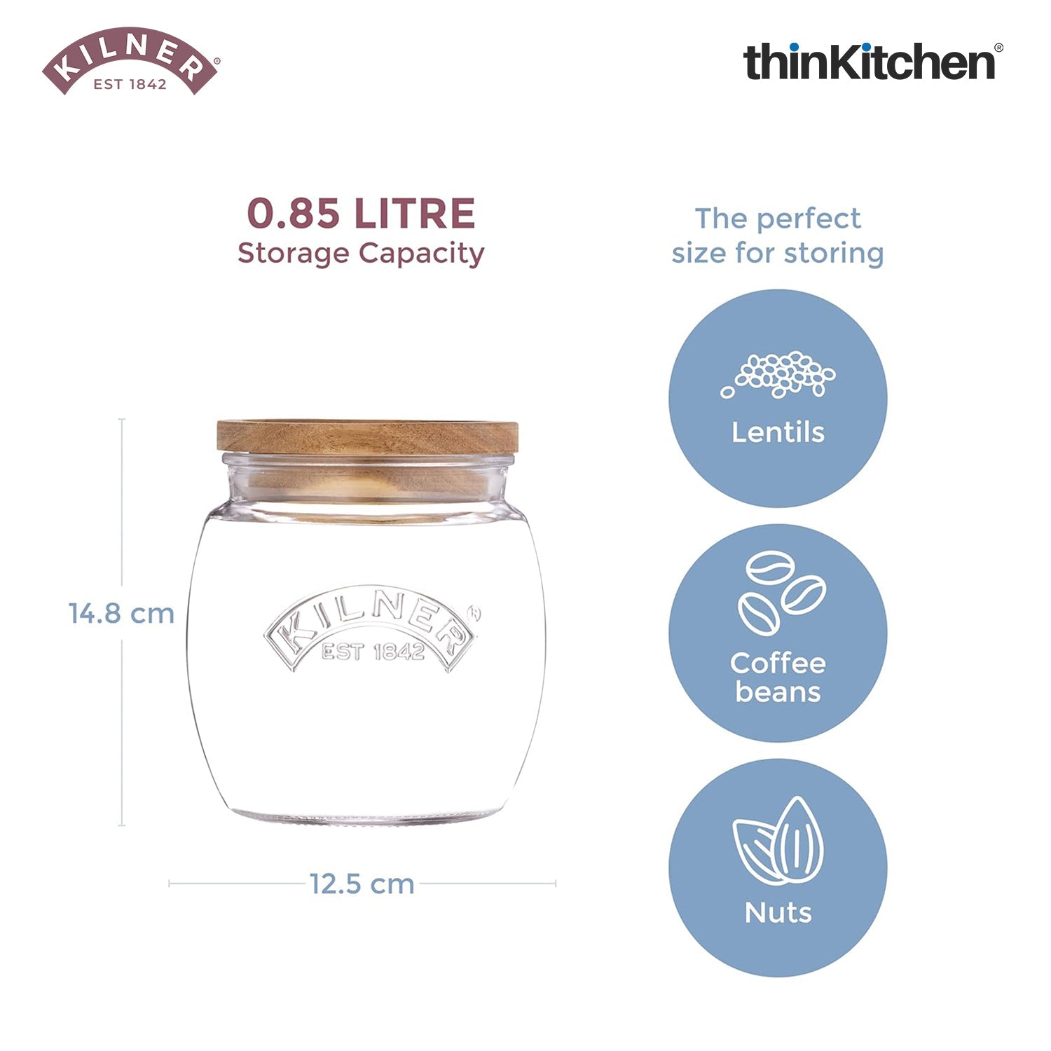 Kilner Premium Universal Airtight Glass Jar Set of 2 with Wooden Lid - 850ml | BPA Free, Reusable Kitchen Food Container for Dry Food, Grains, Pasta, Cereals, Pulses - 3