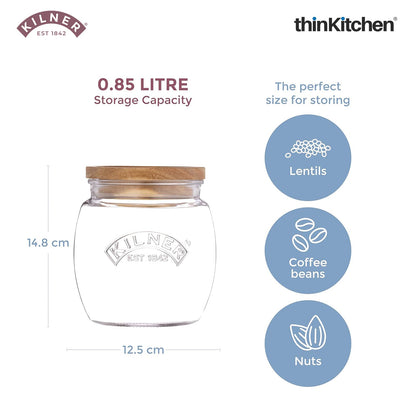 Kilner Premium Universal Airtight Glass Jar Set of 2 with Wooden Lid - 850ml | BPA Free, Reusable Kitchen Food Container for Dry Food, Grains, Pasta, Cereals, Pulses