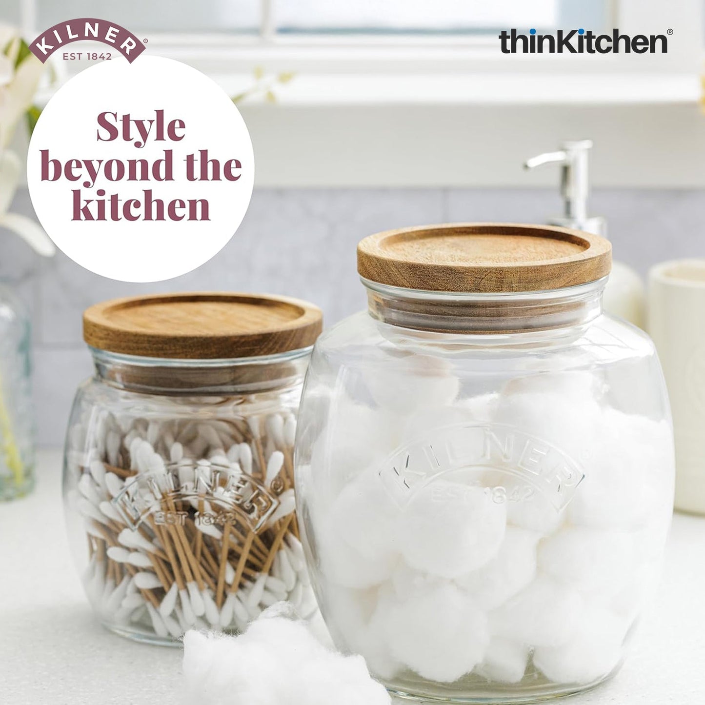 Kilner Premium Universal Airtight Glass Jar Set of 2 with Wooden Lid - 850ml | BPA Free, Reusable Kitchen Food Container for Dry Food, Grains, Pasta, Cereals, Pulses