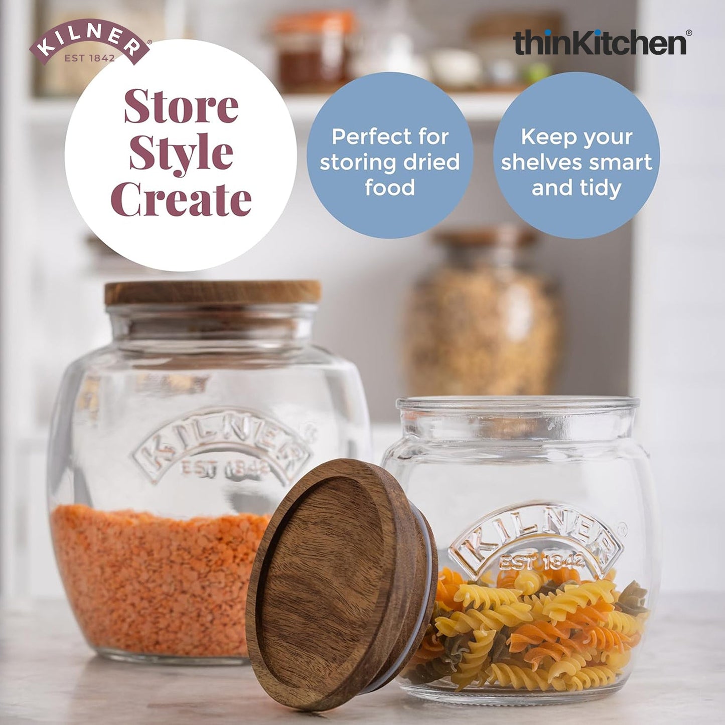 Kilner Premium Universal Airtight Glass Jar Set of 2 with Wooden Lid - 850ml | BPA Free, Reusable Kitchen Food Container for Dry Food, Grains, Pasta, Cereals, Pulses