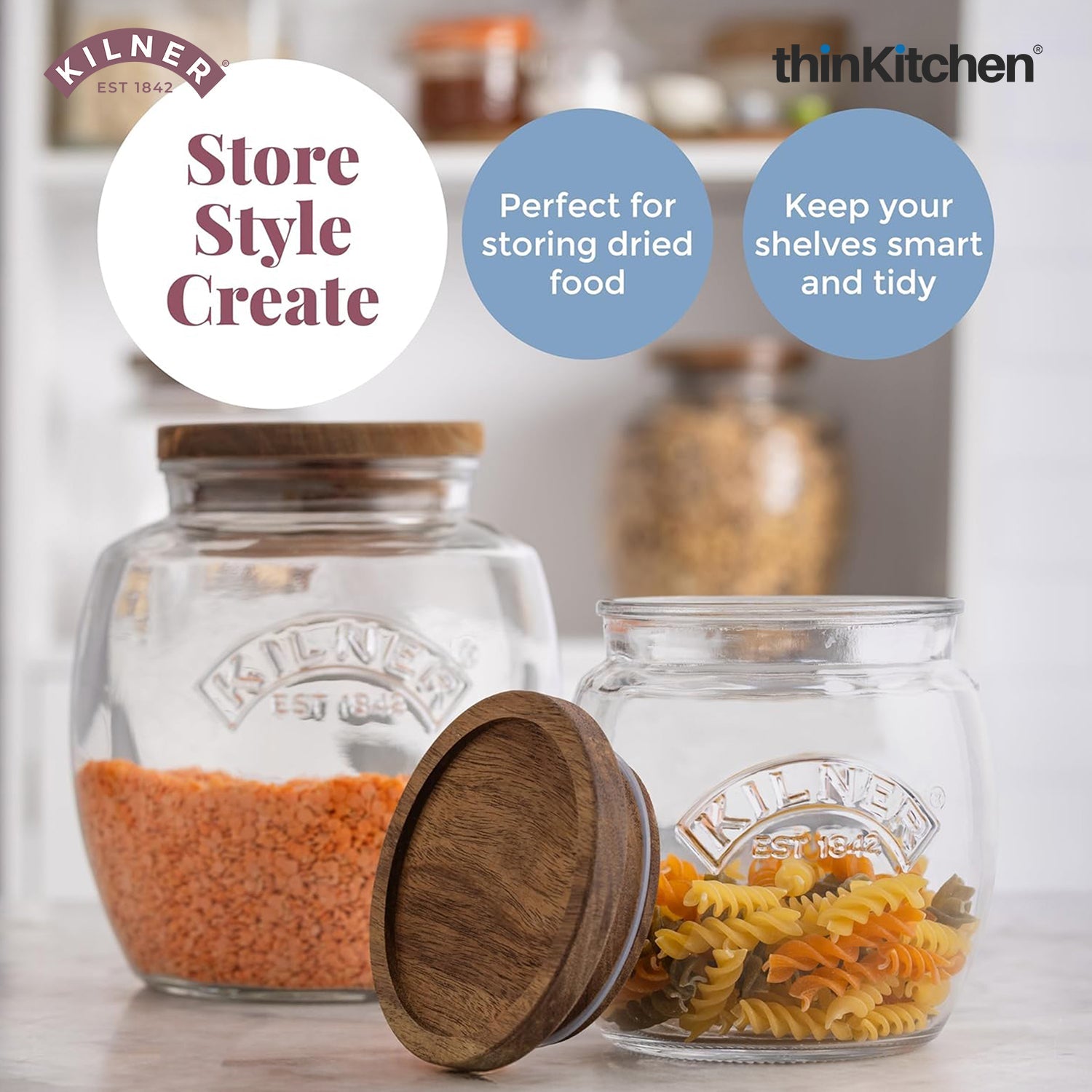 Kilner Premium Universal Airtight Glass Jar Set of 2 with Wooden Lid - 850ml | BPA Free, Reusable Kitchen Food Container for Dry Food, Grains, Pasta, Cereals, Pulses - 5