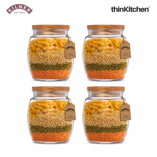 Kilner Premium Universal Airtight Glass Jar Set of 4 with Wooden Lid - 850ml | BPA Free, Reusable Kitchen Food Container for Dry Food, Grains, Pasta, Cereals, Pulses