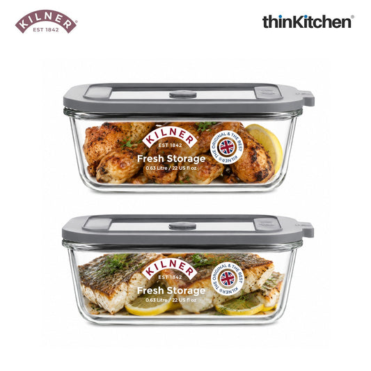 Kilner Premium 2 Pcs x 630ml  Airtight, Leakproof Glass Container for Food Storage, Leftovers, Snacks, Meal Prep | Oven safe, Freezer Safe, Fresh Series Container for Kitchen