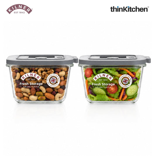 Kilner Premium 2 Pcs x 310ml Square Airtight, Leakproof Glass Container for Food Storage, Leftovers, Snacks, Meal Prep | Oven safe, Freezer Safe, Fresh Series Container for Kitchen
