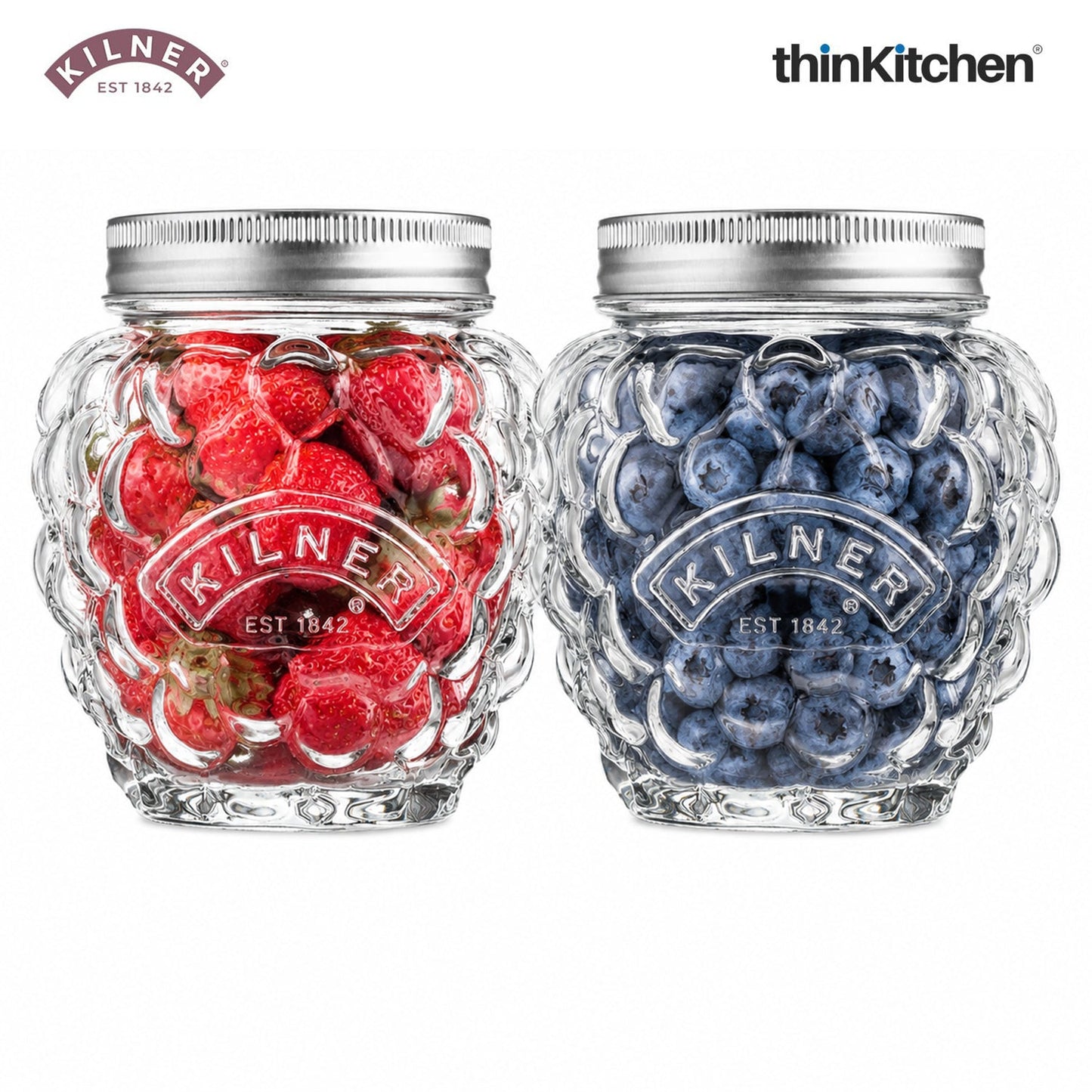 Kilner Premium 2 Pcs x 400ml Berry Shaped Airtight Preserve Glass Jars for Kitchen Storage, ideal for Jams, Chutneys | Multipurpose, Eco-Friendly, Reusable Transparent Glass Containers