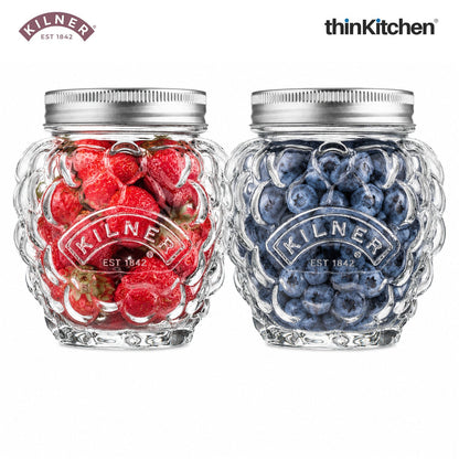 Kilner Premium 2 Pcs x 400ml Berry Shaped Airtight Preserve Glass Jars for Kitchen Storage, ideal for Jams, Chutneys | Multipurpose, Eco-Friendly, Reusable Transparent Glass Containers