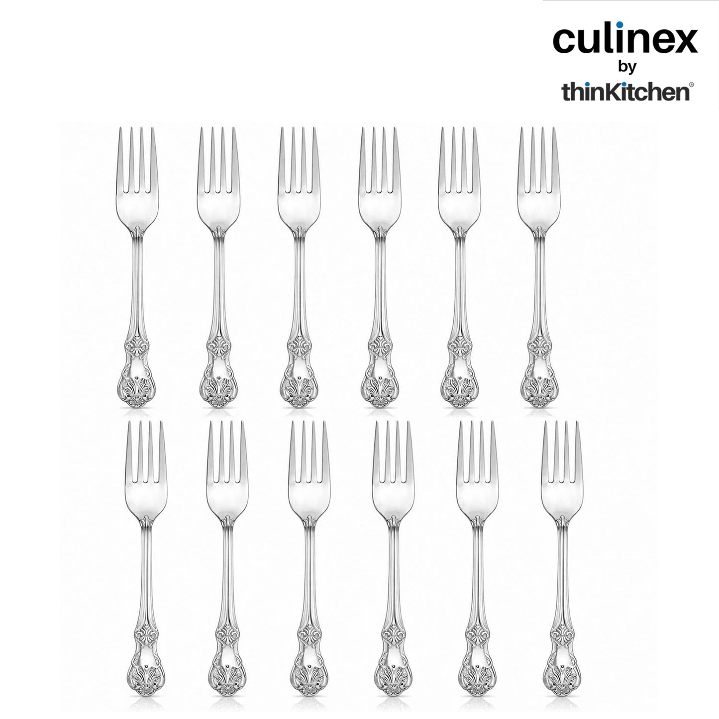 Culinex 18/8 Premium Stainless Steel 7.6" All Purpose Fork Set of 12 for Dining Table, Kitchen| Rustproof Dinner Forks, Silver Flatware By thinKitchen (Fest)