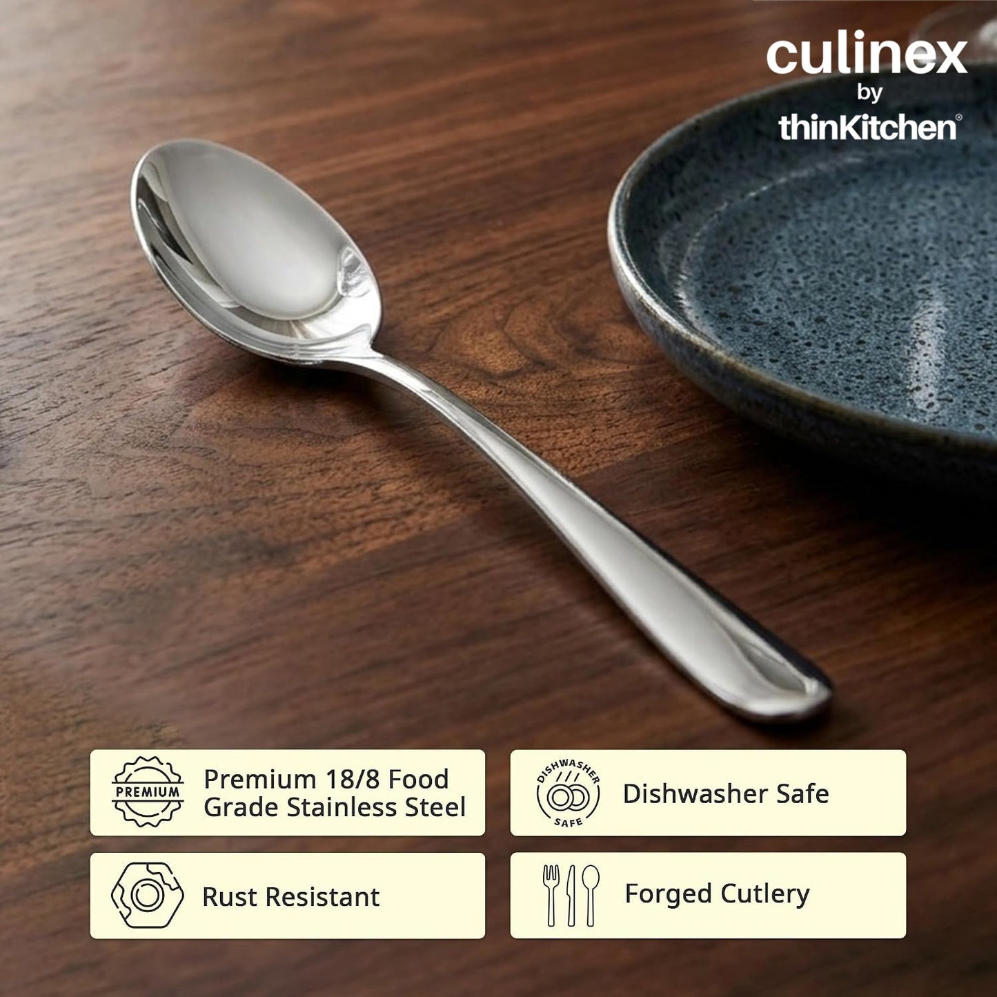 Culinex 18/8 Premium Stainless Steel 8.2" Serving Spoon Set of 4, Dora| All Purpose Kitchen Serving Spoon, Silver Rustproof Dishwasher Safe Serveware, Tableware By thinKitchen