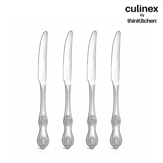 Culinex Premium Stainless Steel 9.5" Dinner Table Knife Set of 4 for Dining Table, Kitchen| Rustproof Heavy Dinner Knives, Silver Flatware By thinKitchen (Fest)