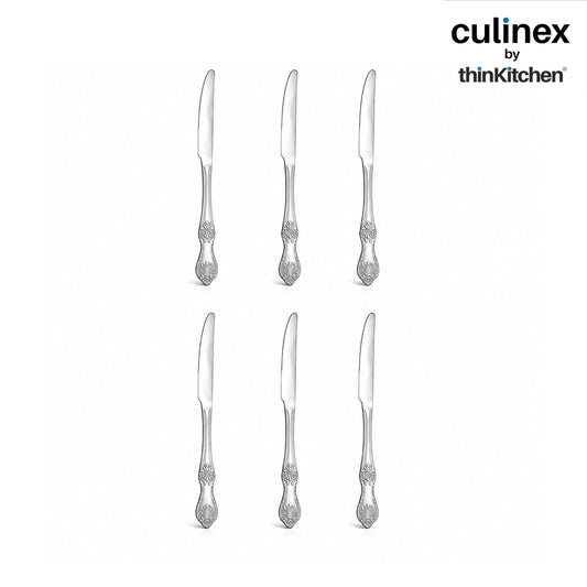 Culinex Premium Stainless Steel 9.5" Dinner Table Knife Set of 6 for Dining Table, Kitchen| Rustproof Heavy Dinner Knives, Silver Flatware By thinKitchen (Fest)