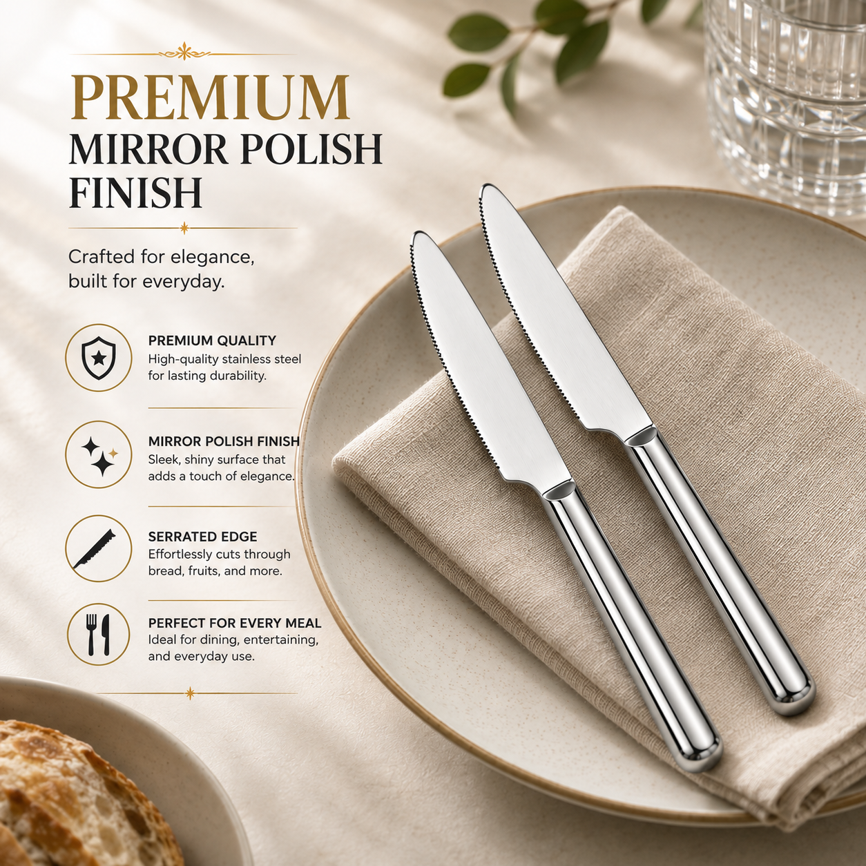 Culinex Stainless Steel 8.5" Premium Knife Set of 2 for Dining Table, Kitchen | Rustproof Dinner Knives, Silver Flatware by thinKitchen (Peru) - 2