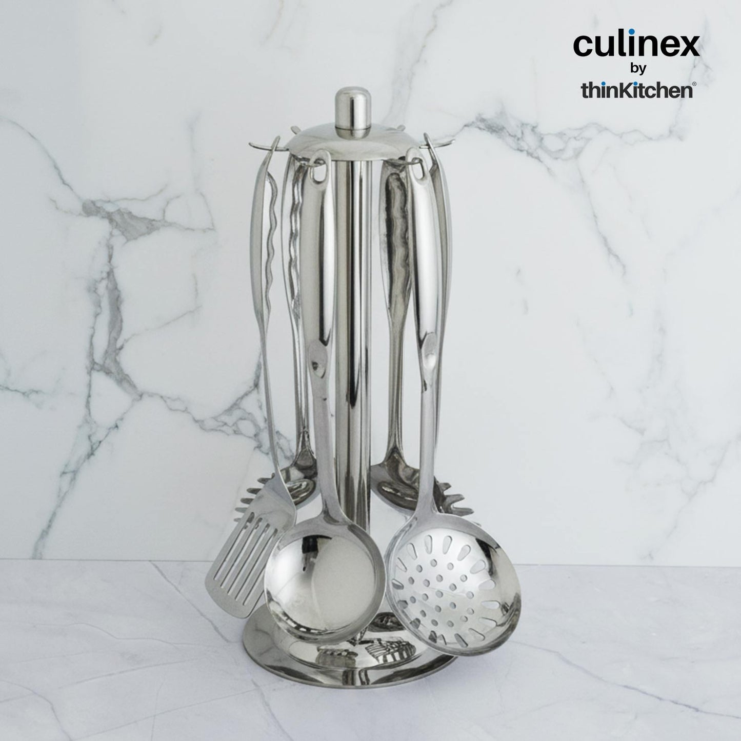 Culinex by thinKitchen 7-Piece Kitchen Tool Set | Stainless Steel Cooking Utensils with Stand | Includes Ladle, Pasta Server, Potato Masher, Skimmer, Slotted Turner & Serving Spoon