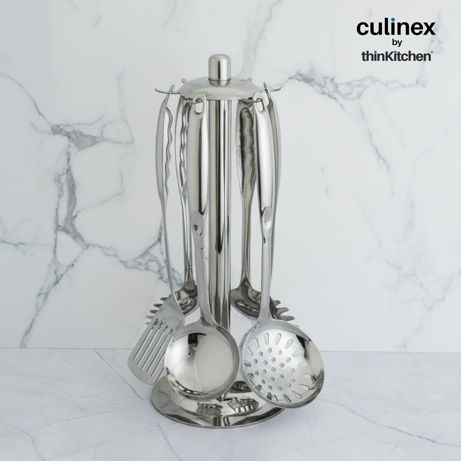 Culinex by thinKitchen 7-Piece Kitchen Tool Set | Stainless Steel Cooking Utensils with Stand | Includes Ladle, Pasta Server, Potato Masher, Skimmer, Slotted Turner & Serving Spoon - 1