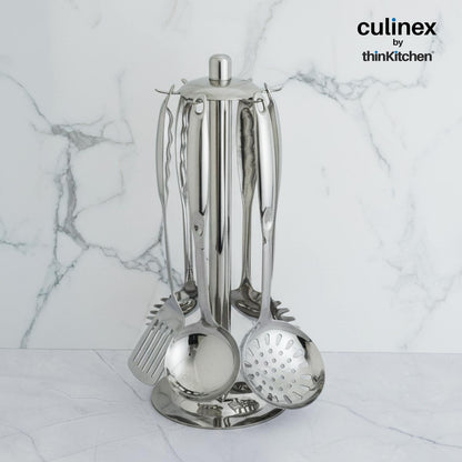 Culinex by thinKitchen 7-Piece Kitchen Tool Set | Stainless Steel Cooking Utensils with Stand | Includes Ladle, Pasta Server, Potato Masher, Skimmer, Slotted Turner & Serving Spoon