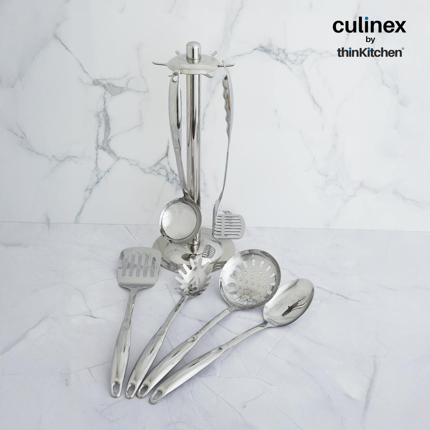 Culinex by thinKitchen 7-Piece Kitchen Tool Set | Stainless Steel Cooking Utensils with Stand | Includes Ladle, Pasta Server, Potato Masher, Skimmer, Slotted Turner & Serving Spoon - 2