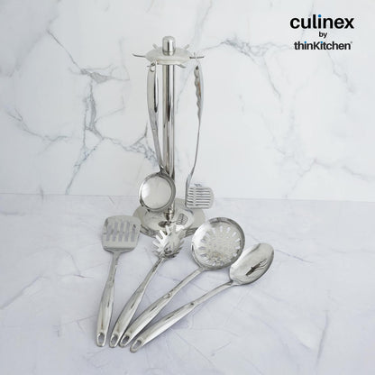 Culinex by thinKitchen 7-Piece Kitchen Tool Set | Stainless Steel Cooking Utensils with Stand | Includes Ladle, Pasta Server, Potato Masher, Skimmer, Slotted Turner & Serving Spoon