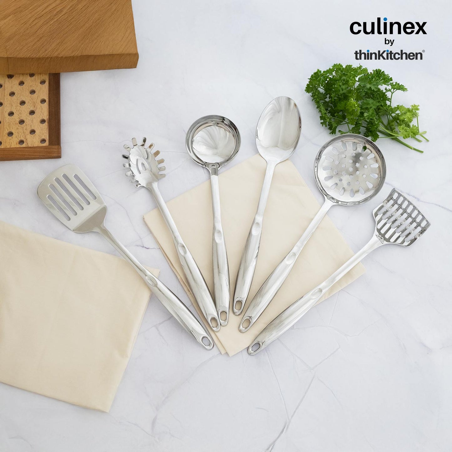 Culinex by thinKitchen 7-Piece Kitchen Tool Set | Stainless Steel Cooking Utensils with Stand | Includes Ladle, Pasta Server, Potato Masher, Skimmer, Slotted Turner & Serving Spoon