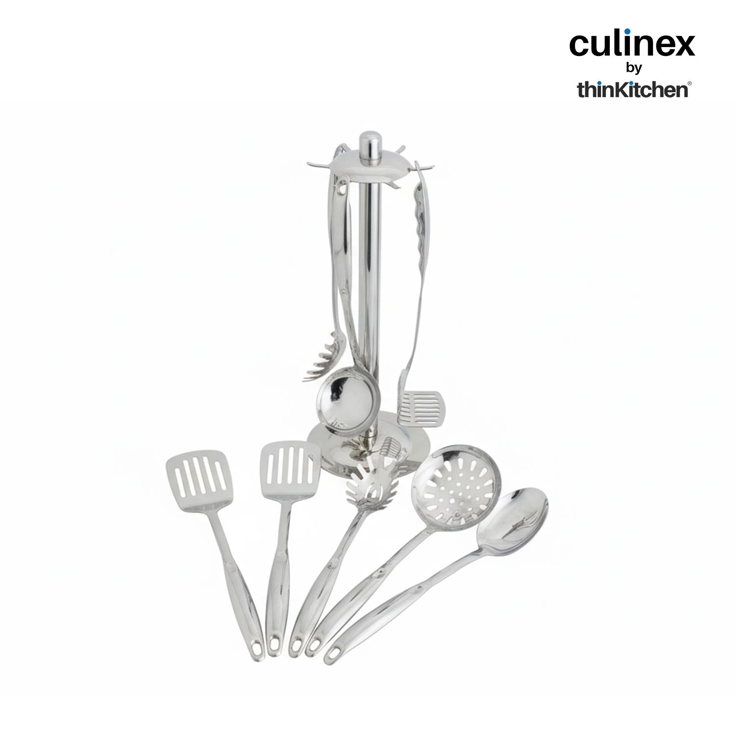 Culinex by thinKitchen 7-Piece Kitchen Tool Set | Stainless Steel Cooking Utensils with Stand | Includes Ladle, Pasta Server, Potato Masher, Skimmer, Slotted Turner & Serving Spoon - 4