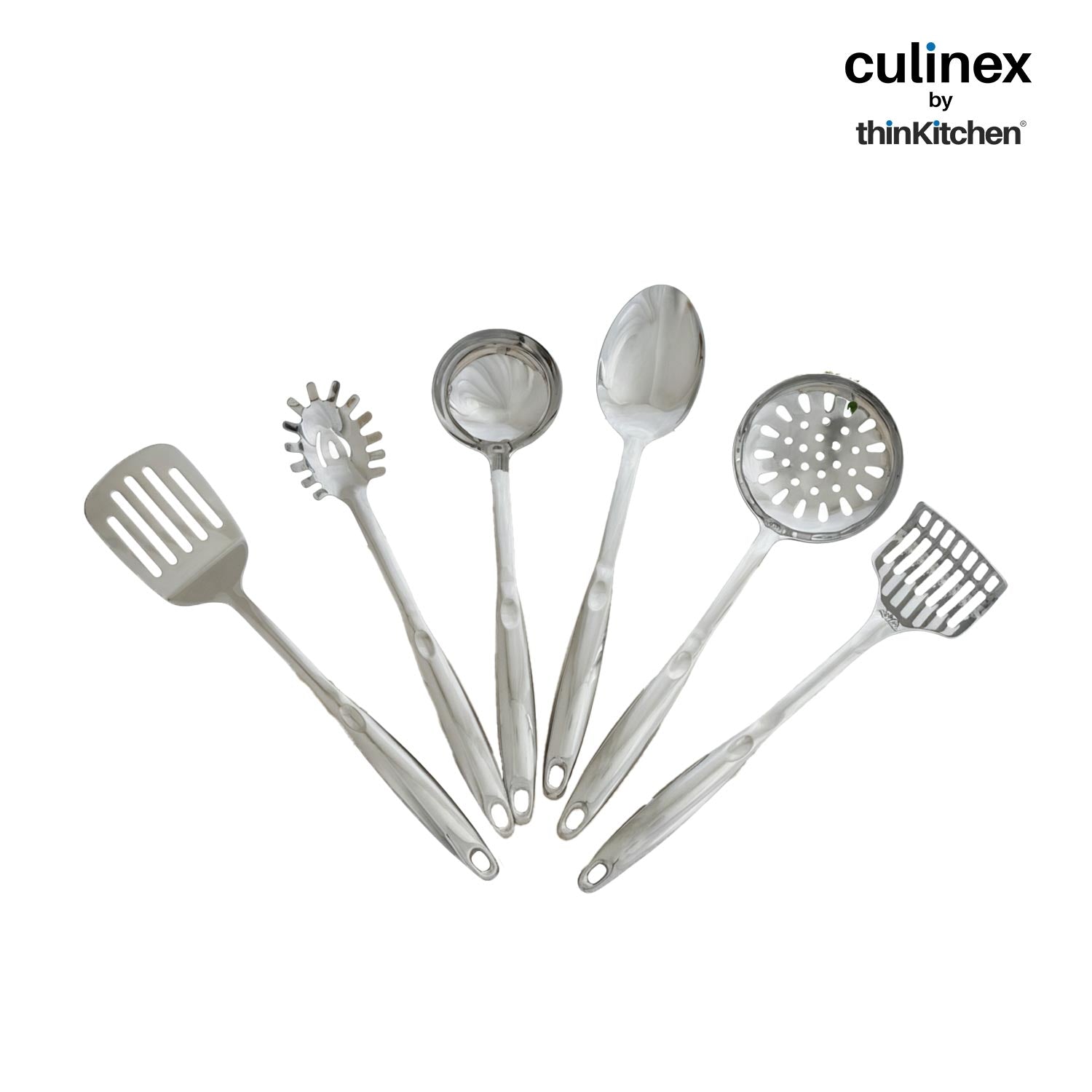 Culinex by thinKitchen 7-Piece Kitchen Tool Set | Stainless Steel Cooking Utensils with Stand | Includes Ladle, Pasta Server, Potato Masher, Skimmer, Slotted Turner & Serving Spoon - 5