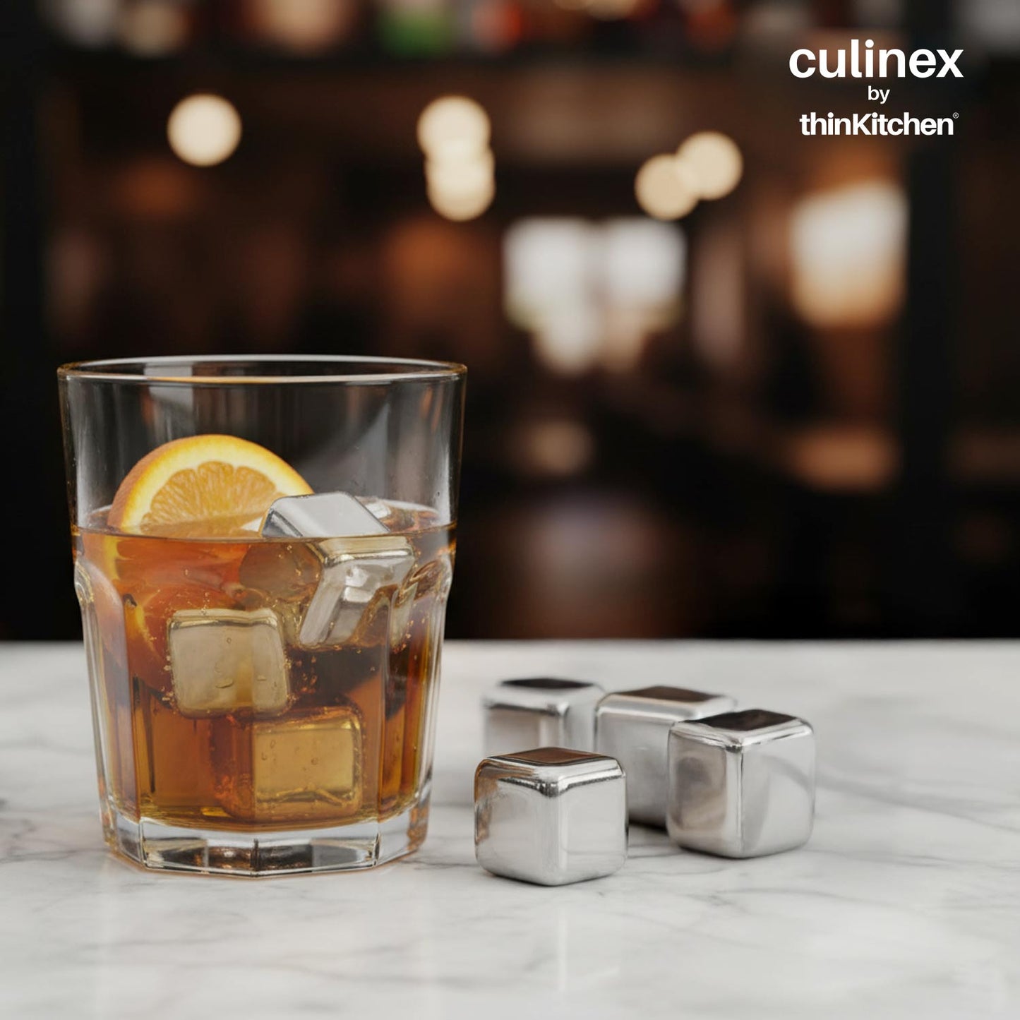 Culinex by thinKitchen Ice Cube Set of 4 | Reusable Stainless Steel Chilling Cubes | Odorless, Tasteless & Food-Grade | With Storage Box | Perfect for Whiskey, Cocktails & Cold Beverages