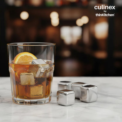 Culinex by thinKitchen Ice Cube Set of 4 | Reusable Stainless Steel Chilling Cubes | Odorless, Tasteless & Food-Grade | With Storage Box | Perfect for Whiskey, Cocktails & Cold Beverages