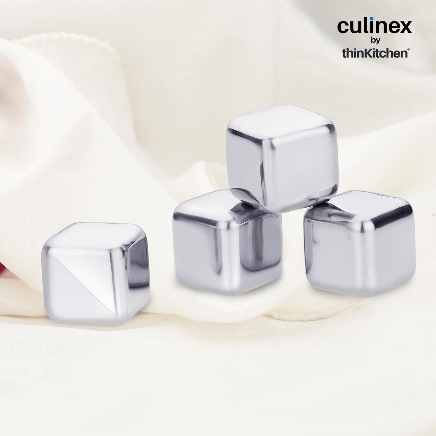 Culinex by thinKitchen Ice Cube Set of 4 | Reusable Stainless Steel Chilling Cubes | Odorless, Tasteless & Food-Grade | With Storage Box | Perfect for Whiskey, Cocktails & Cold Beverages