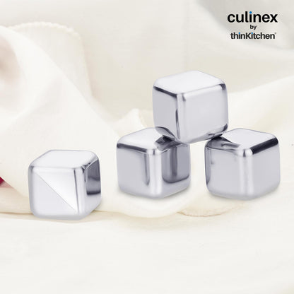Culinex by thinKitchen Ice Cube Set of 4 | Reusable Stainless Steel Chilling Cubes | Odorless, Tasteless & Food-Grade | With Storage Box | Perfect for Whiskey, Cocktails & Cold Beverages