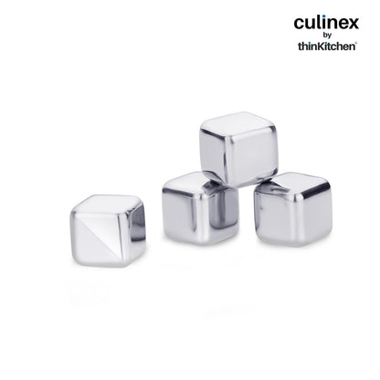 Culinex by thinKitchen Ice Cube Set of 4 | Reusable Stainless Steel Chilling Cubes | Odorless, Tasteless & Food-Grade | With Storage Box | Perfect for Whiskey, Cocktails & Cold Beverages