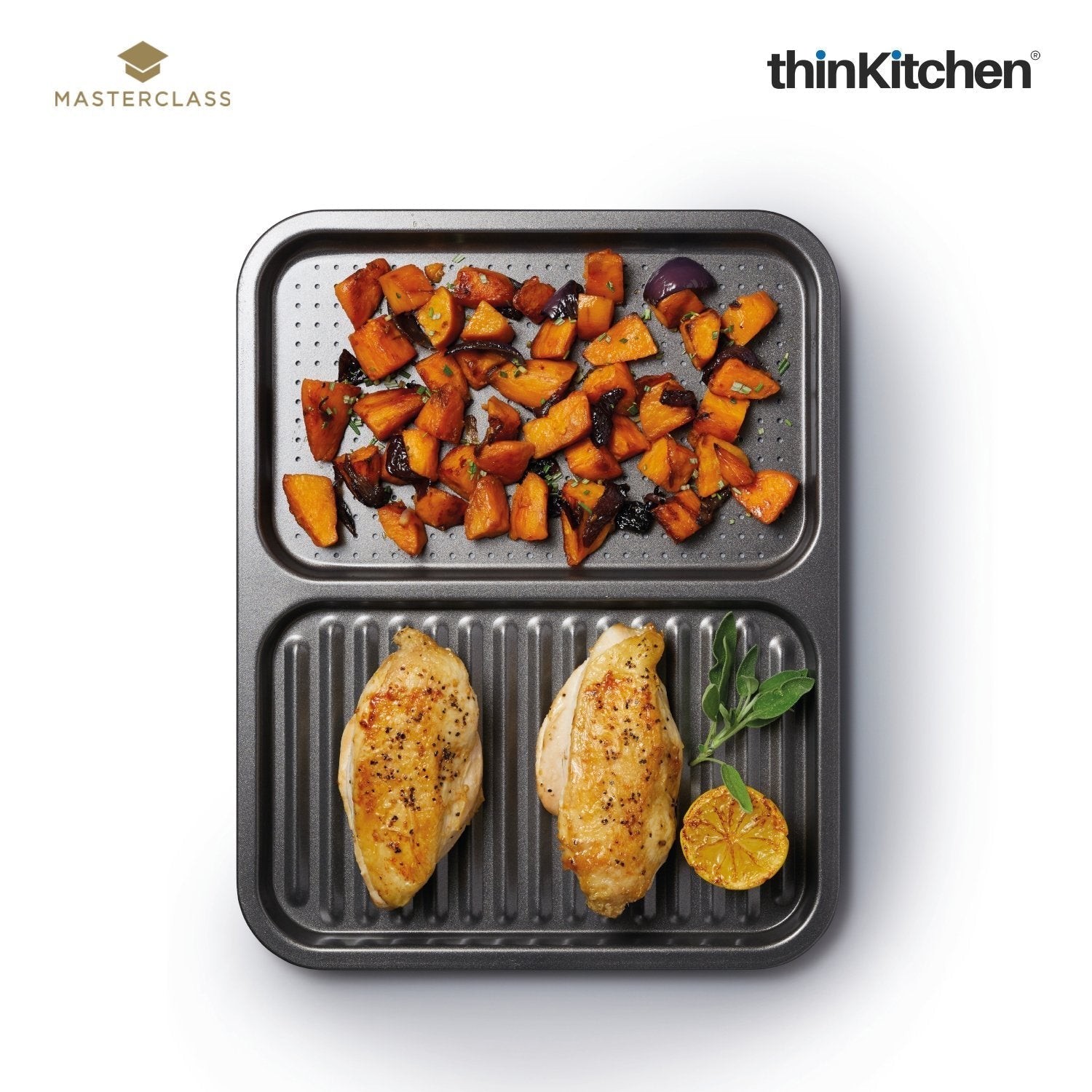 Masterclass Baker's Combo: Non-Stick 2-in-1 Divided Crisping Tray / Ridged Baking Tray x Double Layered Baking Sheet - 3