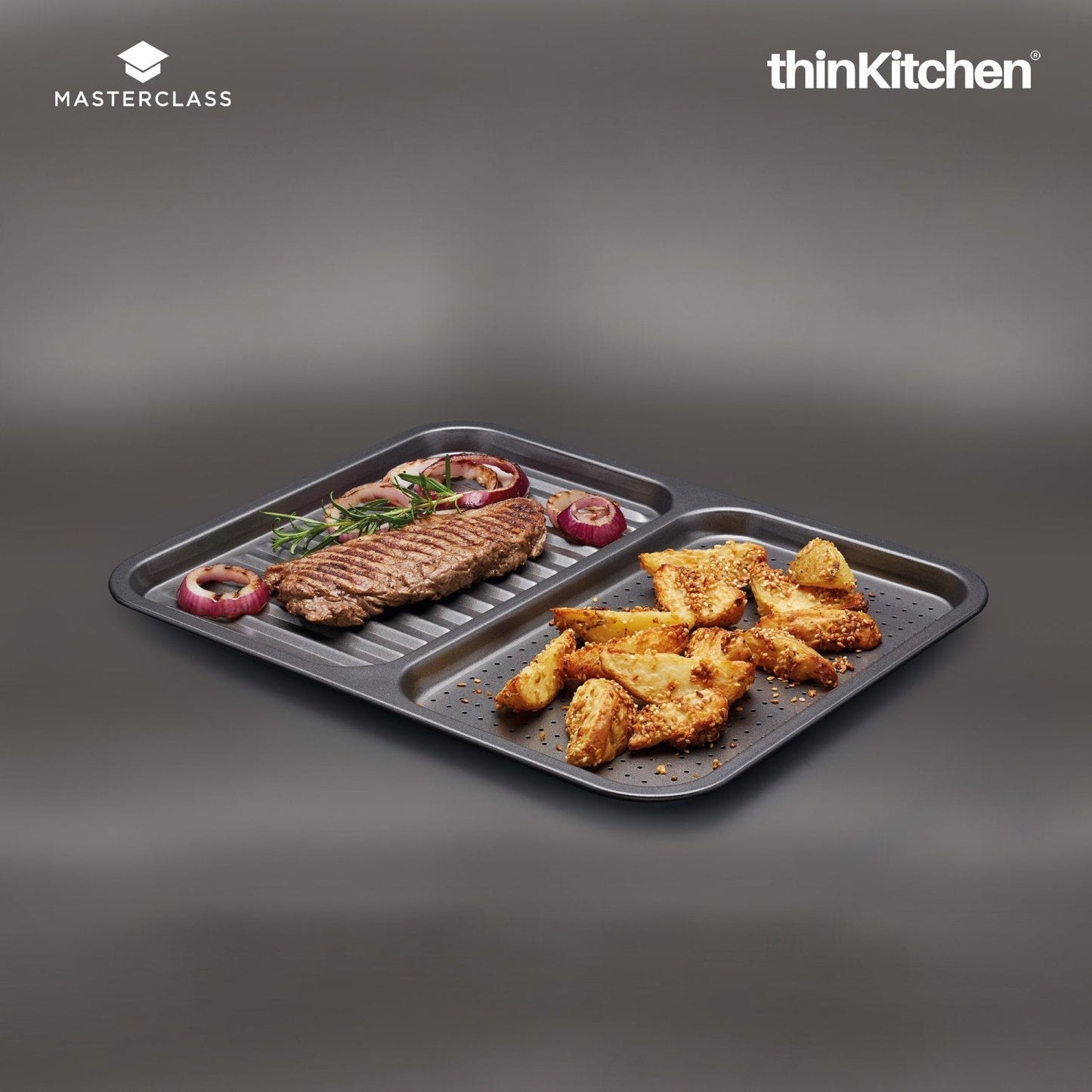 Masterclass Baker's Combo: Non-Stick 2-in-1 Divided Crisping Tray / Ridged Baking Tray x Double Layered Baking Sheet