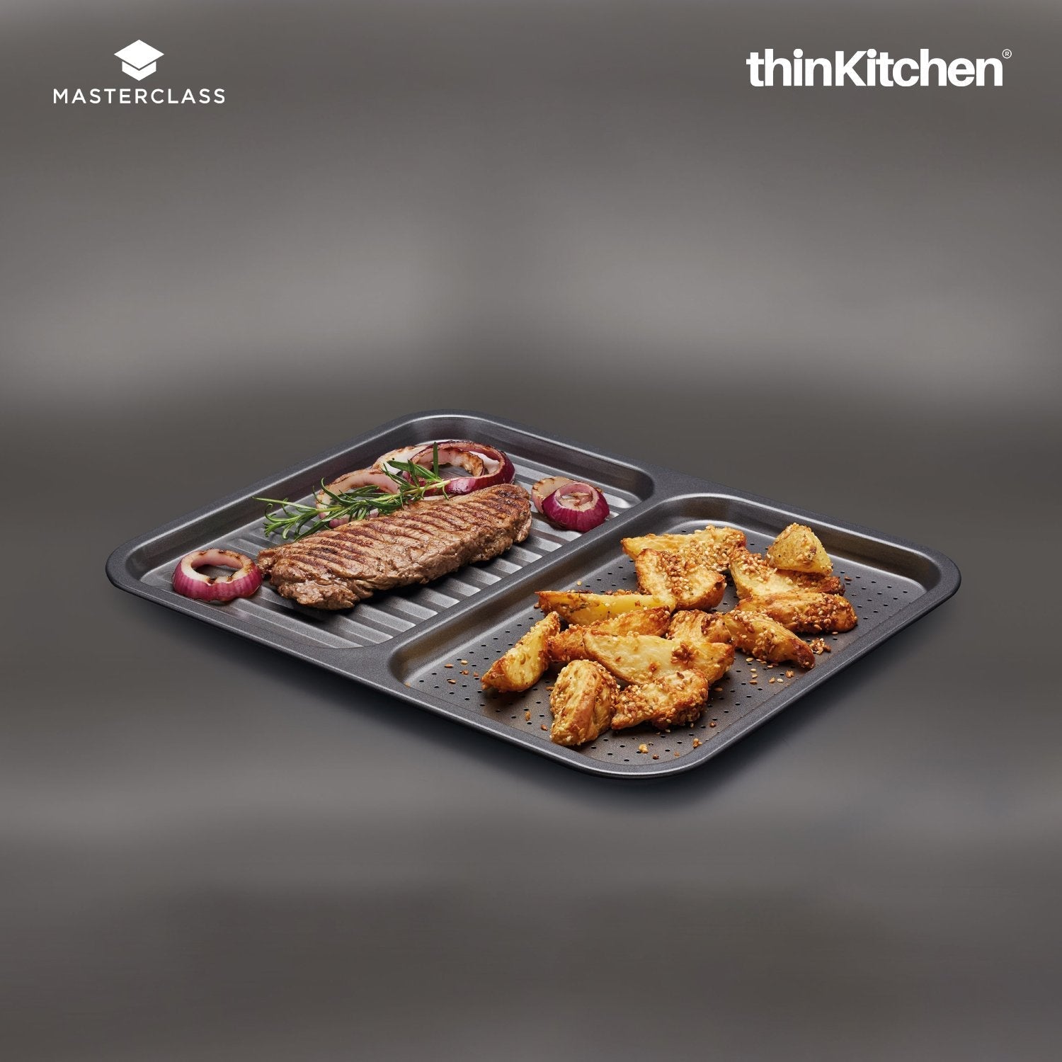 Masterclass Baker's Combo: Non-Stick 2-in-1 Divided Crisping Tray / Ridged Baking Tray x Double Layered Baking Sheet - 2