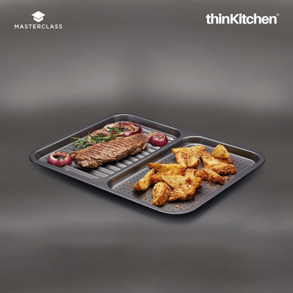 Masterclass Baker's Combo: Non-Stick 2-in-1 Divided Crisping Tray / Ridged Baking Tray x Double Layered Baking Sheet