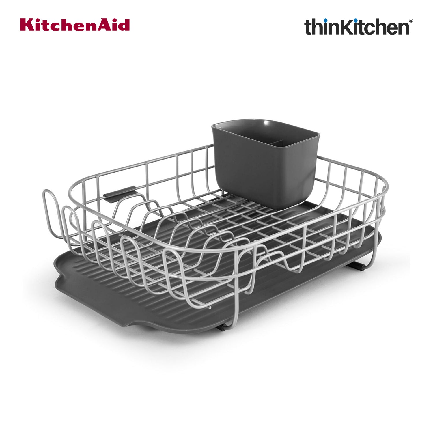 KitchenAid Premium Low Profile Stainless Steel Dish Drying Rack - Grey, Space-Saving Dish Drainer with Cutlery Caddy, Non-Slip Feet, Kitchen Counter Dish Rack (44.6 x 32 x 15.9 cms) - 1