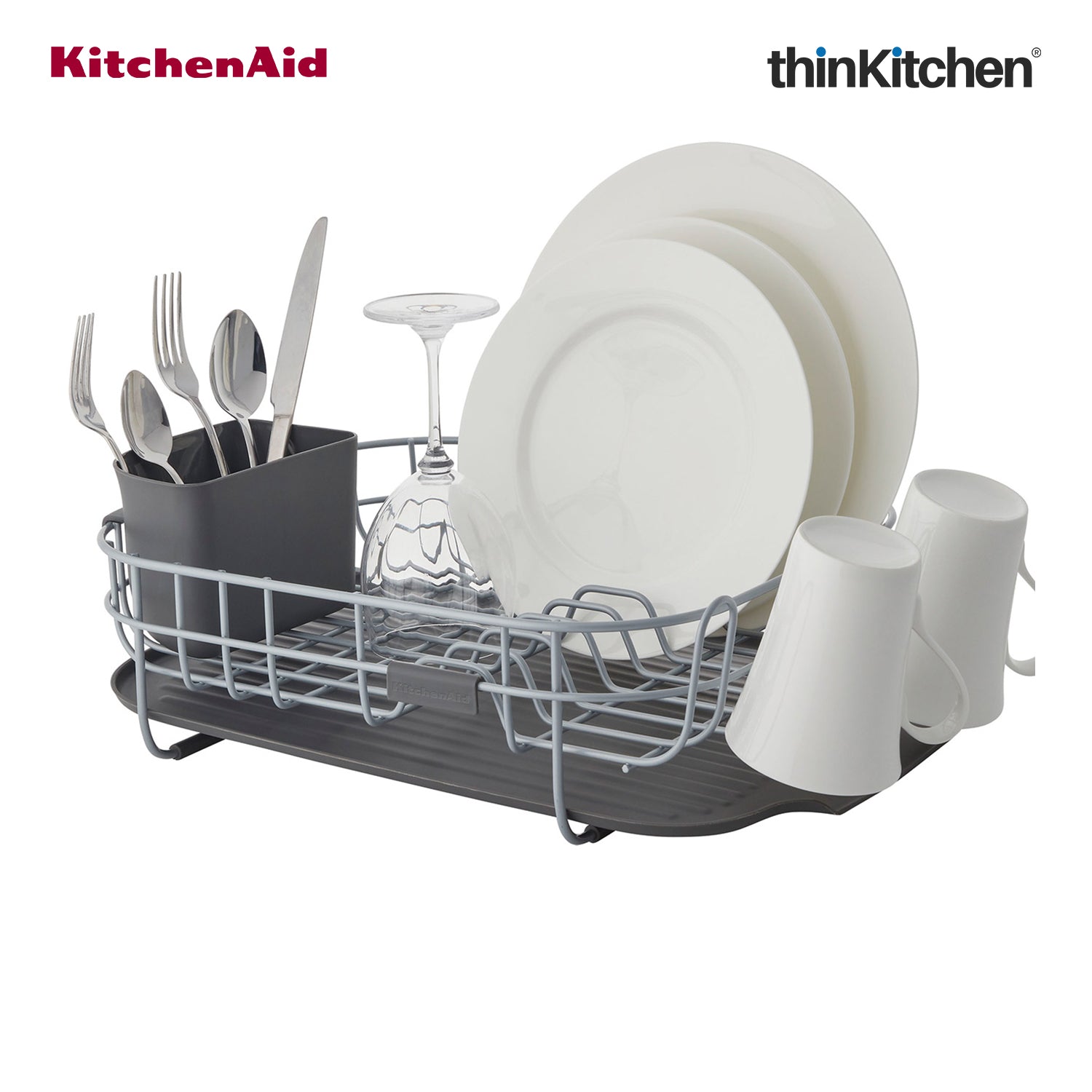 KitchenAid Premium Low Profile Stainless Steel Dish Drying Rack - Grey, Space-Saving Dish Drainer with Cutlery Caddy, Non-Slip Feet, Kitchen Counter Dish Rack (44.6 x 32 x 15.9 cms) - 2