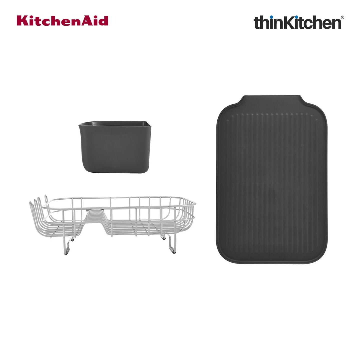 KitchenAid Premium Low Profile Stainless Steel Dish Drying Rack - Grey, Space-Saving Dish Drainer with Cutlery Caddy, Non-Slip Feet, Kitchen Counter Dish Rack (44.6 x 32 x 15.9 cms)
