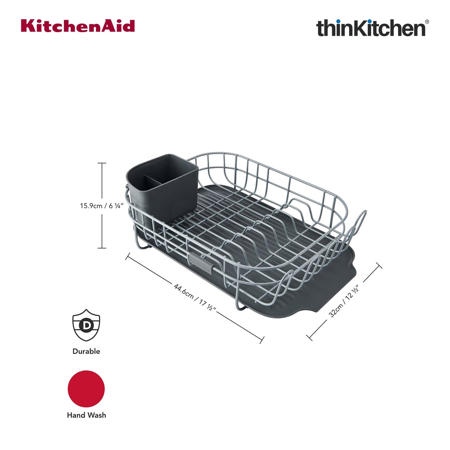 KitchenAid Premium Low Profile Stainless Steel Dish Drying Rack - Grey, Space-Saving Dish Drainer with Cutlery Caddy, Non-Slip Feet, Kitchen Counter Dish Rack (44.6 x 32 x 15.9 cms)