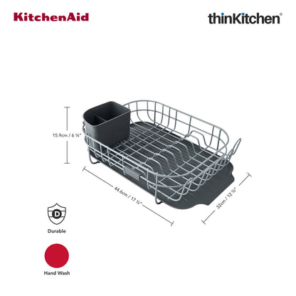 KitchenAid Premium Low Profile Stainless Steel Dish Drying Rack - Grey, Space-Saving Dish Drainer with Cutlery Caddy, Non-Slip Feet, Kitchen Counter Dish Rack (44.6 x 32 x 15.9 cms)