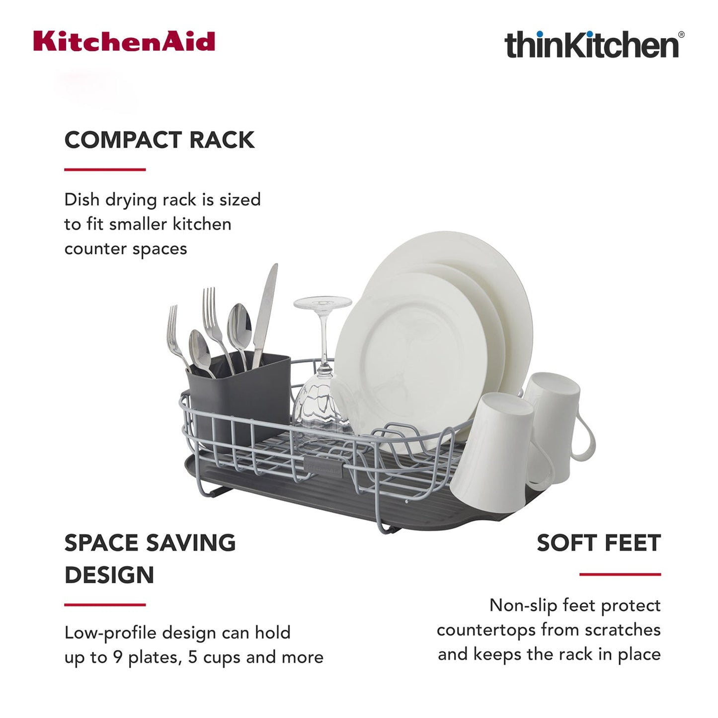 KitchenAid Premium Low Profile Stainless Steel Dish Drying Rack - Grey, Space-Saving Dish Drainer with Cutlery Caddy, Non-Slip Feet, Kitchen Counter Dish Rack (44.6 x 32 x 15.9 cms)