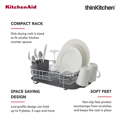 KitchenAid Premium Low Profile Stainless Steel Dish Drying Rack - Grey, Space-Saving Dish Drainer with Cutlery Caddy, Non-Slip Feet, Kitchen Counter Dish Rack (44.6 x 32 x 15.9 cms)