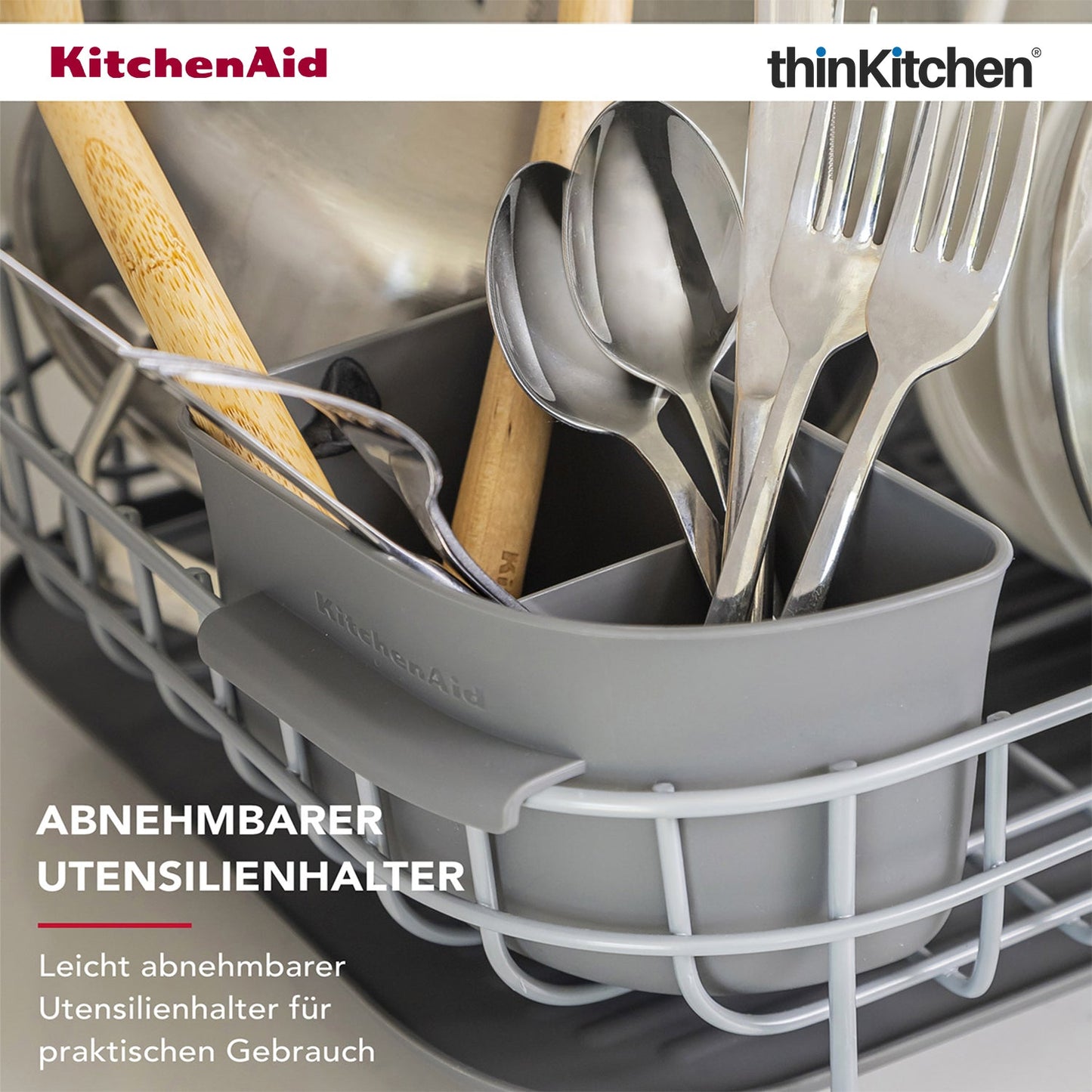 KitchenAid Premium Low Profile Stainless Steel Dish Drying Rack - Grey, Space-Saving Dish Drainer with Cutlery Caddy, Non-Slip Feet, Kitchen Counter Dish Rack (44.6 x 32 x 15.9 cms)