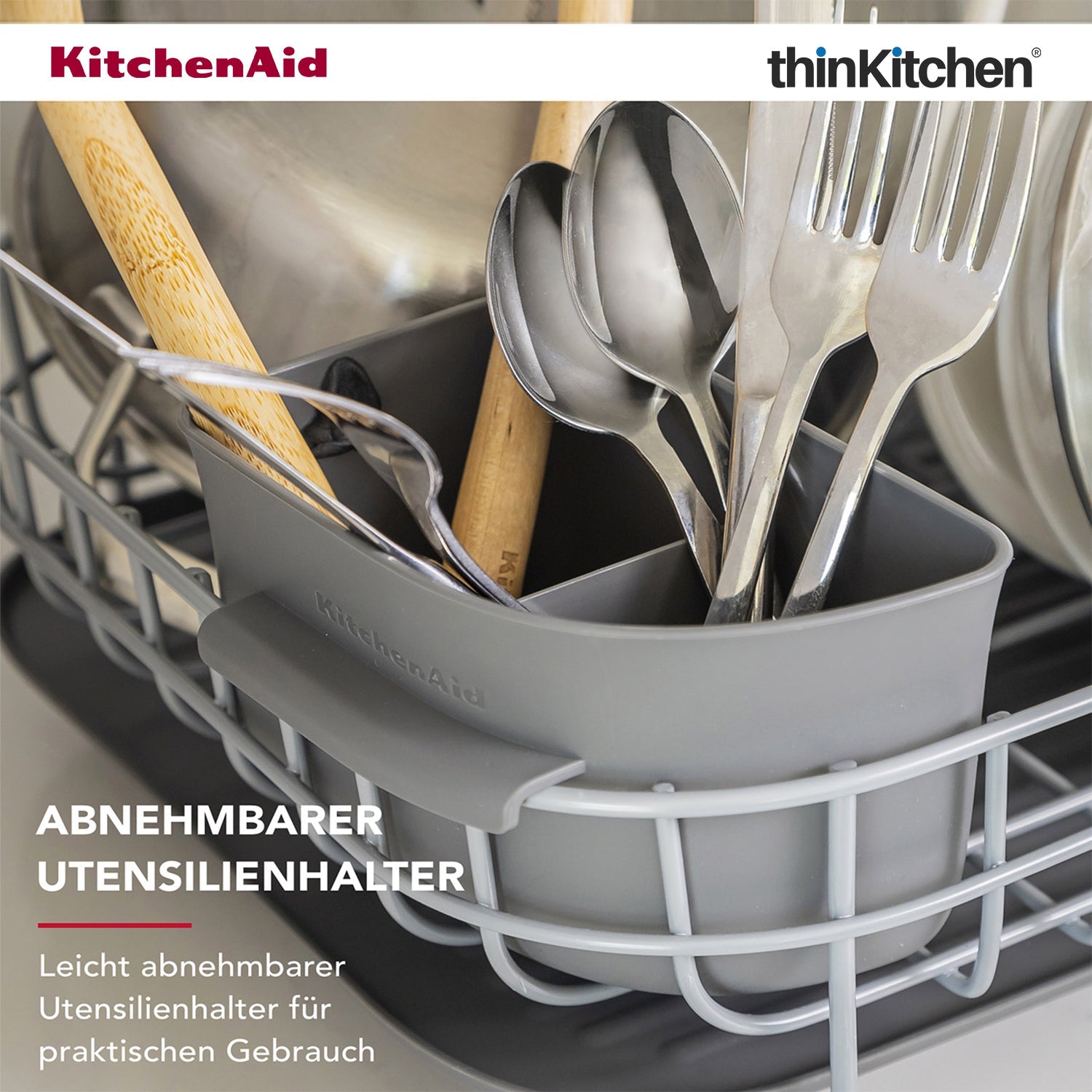 KitchenAid Premium Low Profile Stainless Steel Dish Drying Rack - Grey, Space-Saving Dish Drainer with Cutlery Caddy, Non-Slip Feet, Kitchen Counter Dish Rack (44.6 x 32 x 15.9 cms) - 8