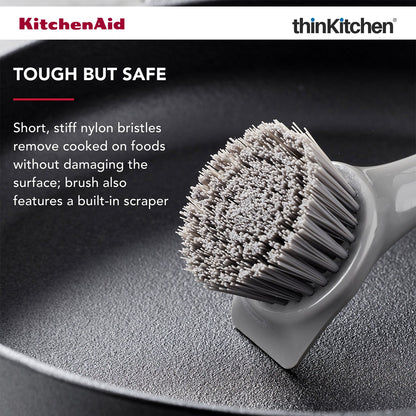 KitchenAid Premium Cast Iron Cleaning Sink Brush, Grey, Stiff Nylon Bristles, Non-Slip Handle, Dishwasher Safe Kitchen Cleaning Tool - Grey, 26cms