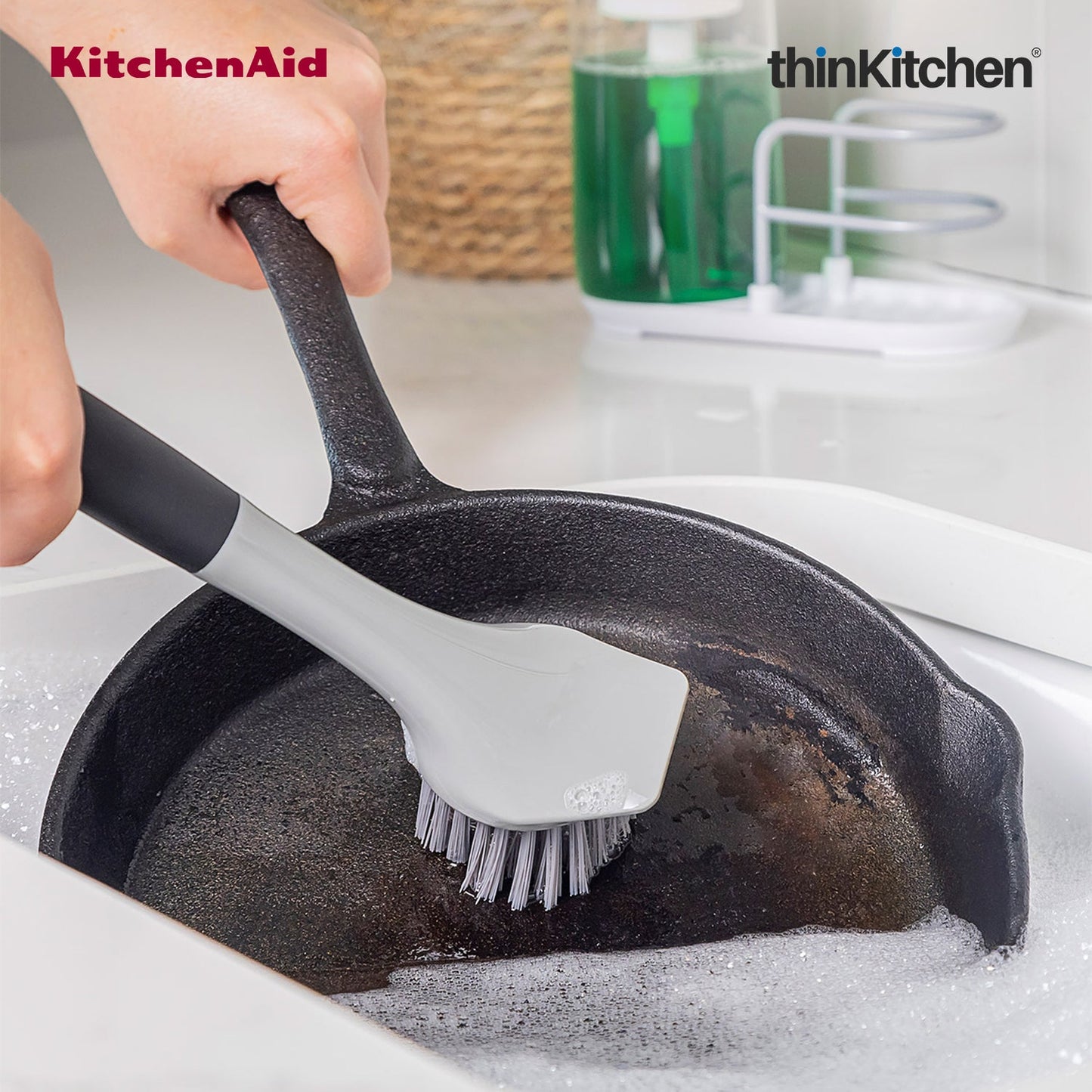 KitchenAid Premium Cast Iron Cleaning Sink Brush, Grey, Stiff Nylon Bristles, Non-Slip Handle, Dishwasher Safe Kitchen Cleaning Tool - Grey, 26cms