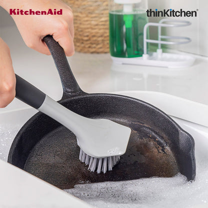 KitchenAid Premium Cast Iron Cleaning Sink Brush, Grey, Stiff Nylon Bristles, Non-Slip Handle, Dishwasher Safe Kitchen Cleaning Tool - Grey, 26cms