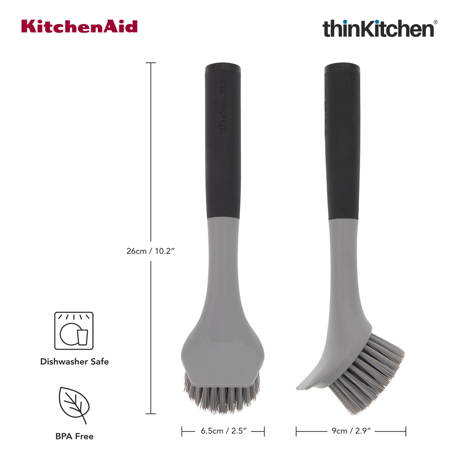 KitchenAid Premium Cast Iron Cleaning Sink Brush, Grey, Stiff Nylon Bristles, Non-Slip Handle, Dishwasher Safe Kitchen Cleaning Tool - Grey, 26cms - 3
