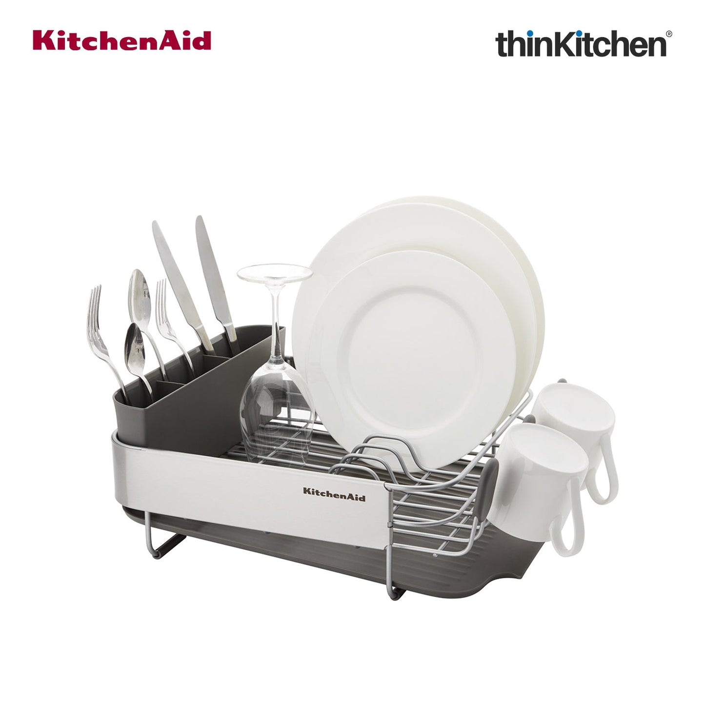 KitchenAid Premium Compact Dish Drying Rack, Grey, Space-Saving Dish Drainer with Cutlery Caddy, Metal & Plastic Kitchen Drying Rack (40.8 x 32 x 15 cms)